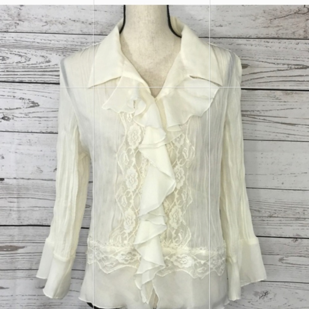 Chadwick's Crinkle Ruffle Lace Button Front Blouse